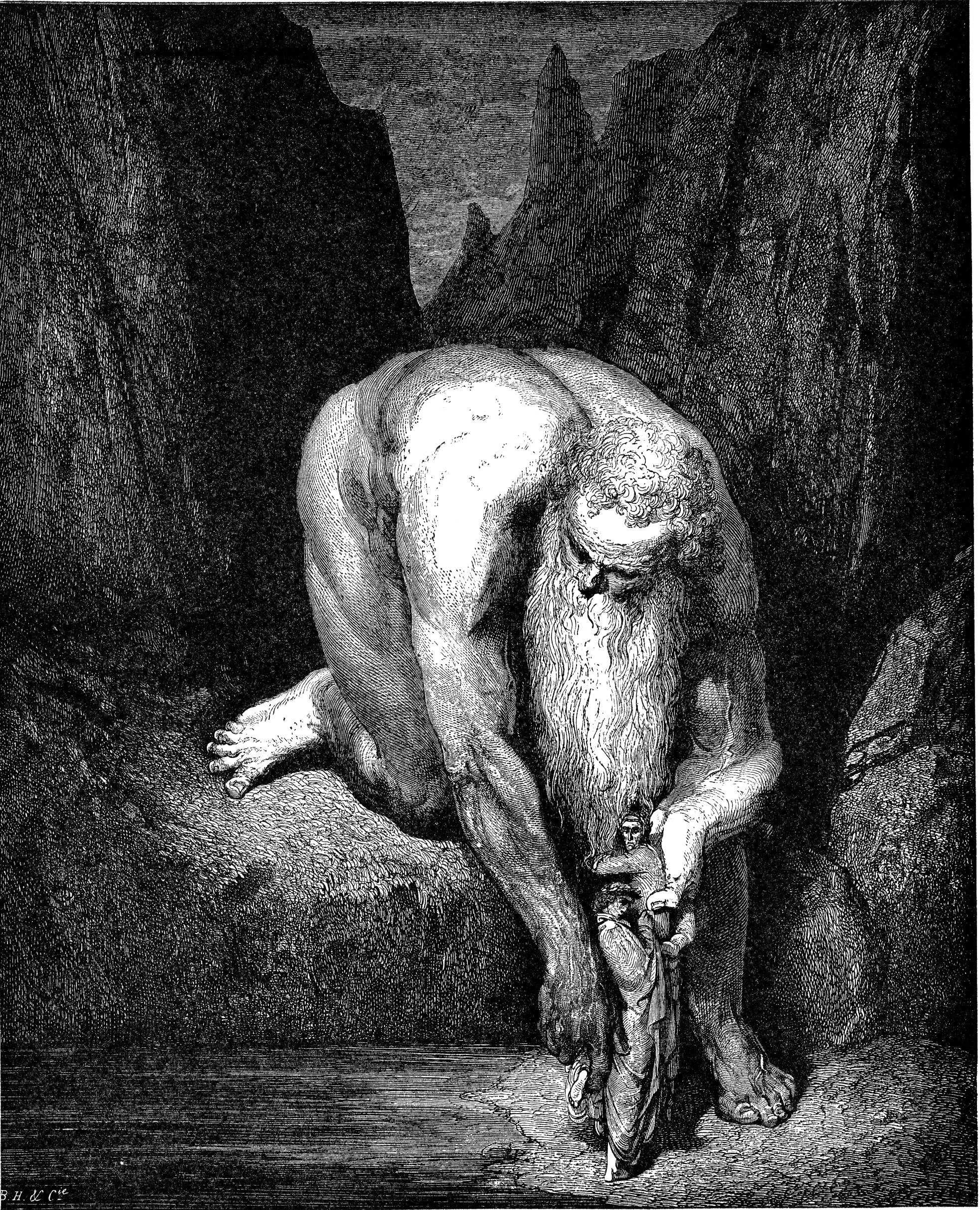 Le géant Antée abaissant Dante et Virgile, gravure de Gustave Doré pour l'Enfer de Dante