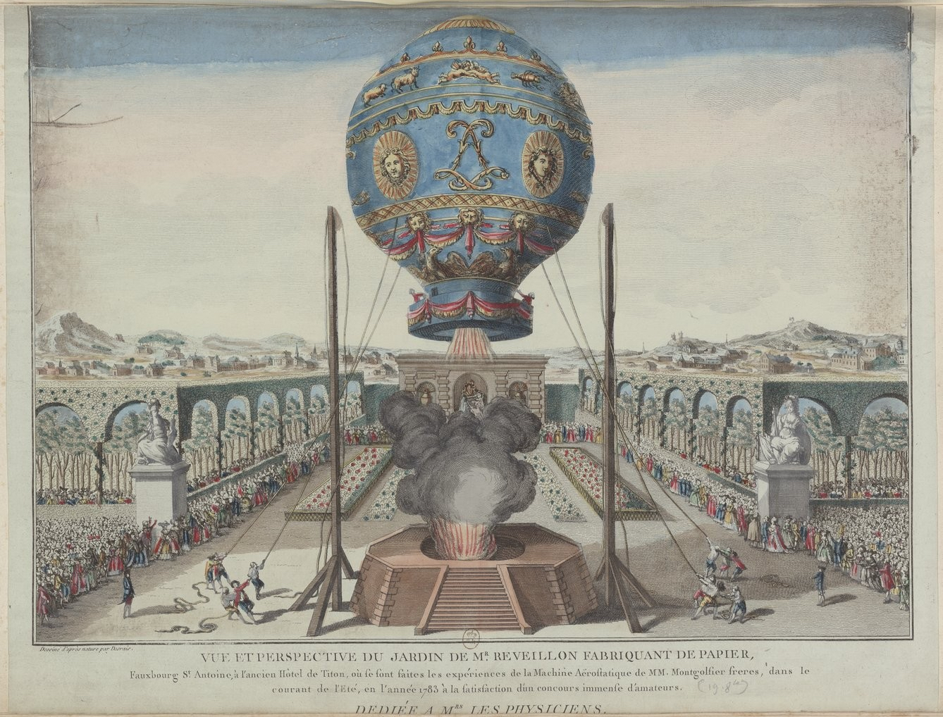 Une montgolfière ancienne des frères Montgolfier (gravure de 1783), symbole du rêve de montgolfière et de l'élévation